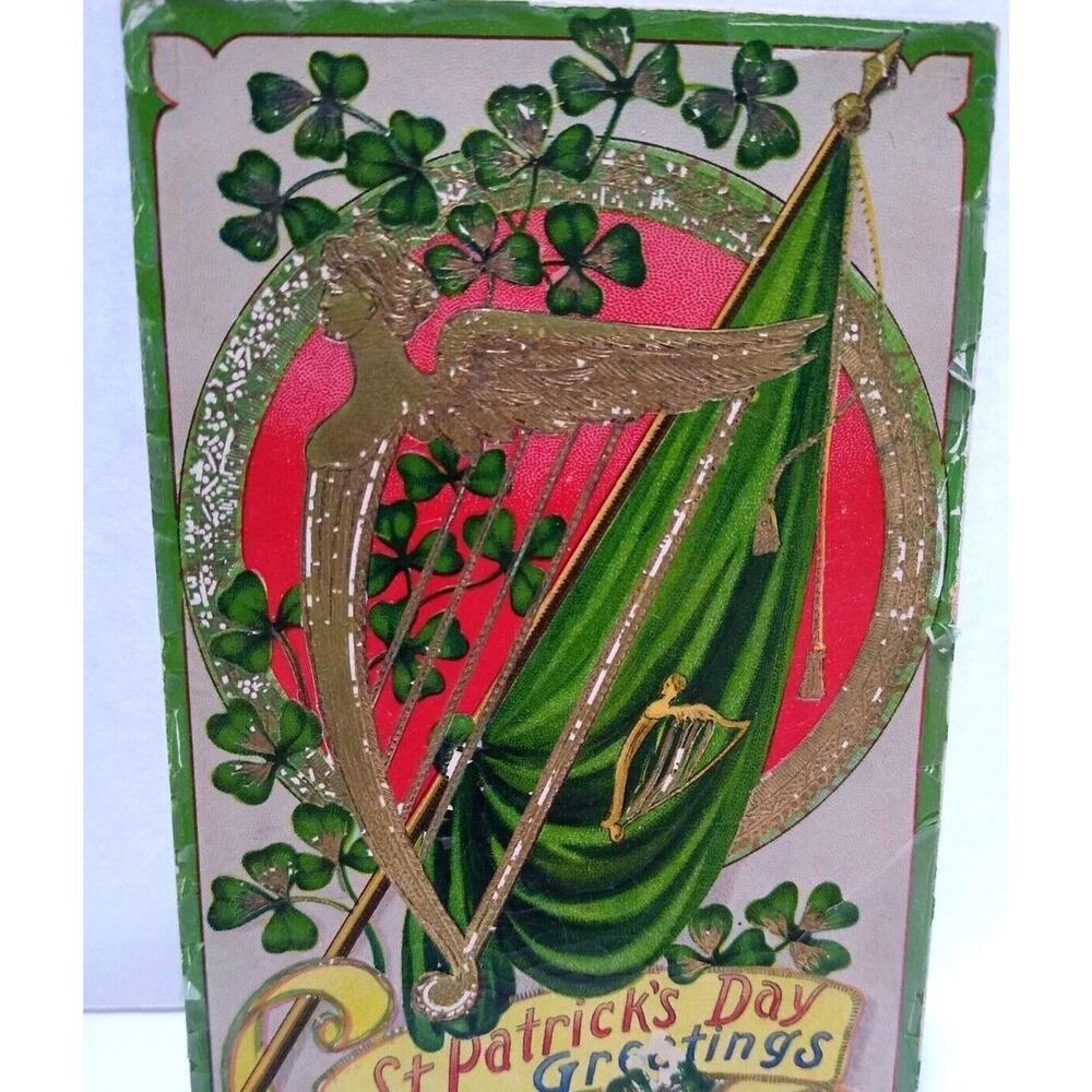 St Patrick's Day Postcard Irish Greetings Harp Flag Clover Gel Coat Flaking 1910